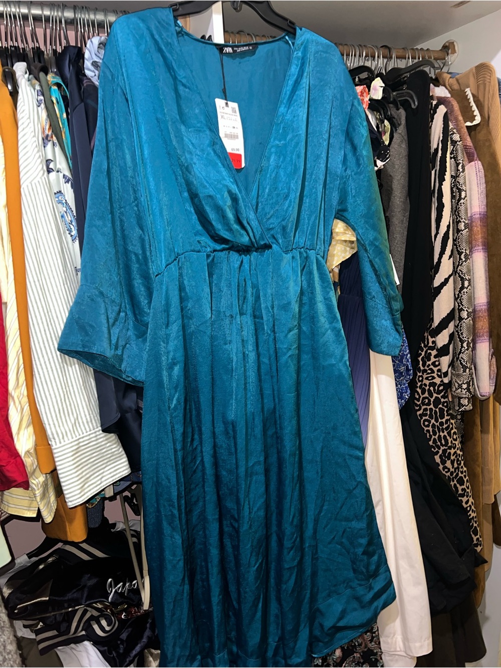 Zara Teal Long Sleeve V-Neck Midi Dress